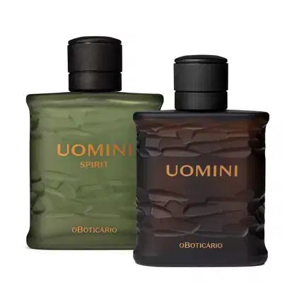 Imagem de dois frascos de item de perfumaria da marca Uomini, um na cor verde-oliva com rótulo laranja indicando a linha Spirit e outro na cor marrom, com rótulos em dourado destacando o nome da marca.