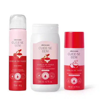 Imagem do Combo Cuide-se Bem Cereja De Fases: que traz um sabonete líquido, um spray intimo desodorante e um óleo térmico corporal. As embalagens dos produtos são em tons de rosa claro e escuro e trazem uma delicada cereja estampada no rótulo.