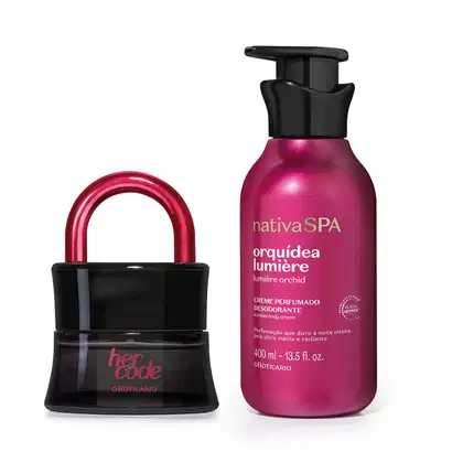 Imagem da fragrância Her Code Clímax, com sua icônica embalagem preta em forma de cadeado, detalhe e letras rosa metalizado e Creme Perfumado Nativa Spa Orquídea Lumiére, com seu frasco roxo, tampa preta e letras douradas e brancas.