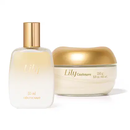 Dois produtos de beleza da marca Lily: um frasco de perfume capilar de 50 ml e um pote de creme de 250 g, ambos com embalagens em tons de branco e dourado.