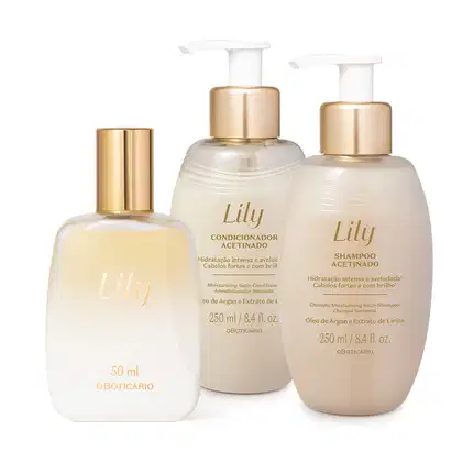 Imagem de três produtos para cabelos da marca Lily: dois frascos bege com bomba dosadora dourada e branca e letras douradas, sendo um de shampoo e outro de condicionador, e um vidro fosco de spray perfumado com tampa dourada.