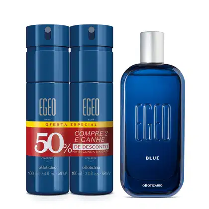 Imagem de três produtos da linha Egeo Blue: dois frascos de body spray na cor azul e letras douradas e um vidro de desodorante colônia, também azul com cantos arredondados, tampa prateada e nome da fragrância em relevo.