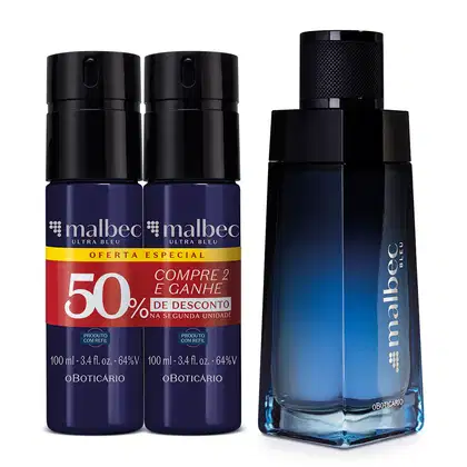 Imagem de três produtos Malbec Bleu: dois frascos de body spray na cor azul  e um elegante vidro de desodorante colônia, em embalagem moderna na cor preta e azul. Eles possuem tampa preta e informações em letras douradas.