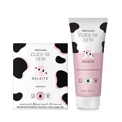 Imagem de dois produtos da linha Cuide-se Bem Deleite: caixa com quatro sabonetes em barra e tubo da loção hidratante corporal contendo 200ml e detalhes em rosa. Ambas embalagens são na cor branca e preta e trazem ilustração de vaca.
