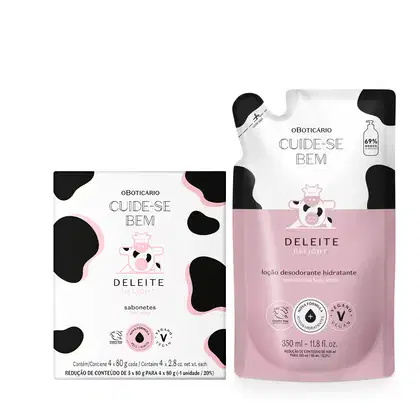 Imagem de dois produtos da linha Cuide-se Bem Deleite: caixa com quatro sabonetes em barra e sachê refil da loção hidratante corporal contendo 350ml e detalhes em rosa. Ambas embalagens são na cor branca e preta e trazem ilustração de vaca.
