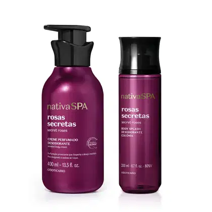 A imagem mostra dois produtos da marca Nativa SPA Rosas Secretas, sendo um frasco de 400ml de creme corporal e um frasco de 200ml de body splash. Elas são roxas, têm tampas pretas e as informações do rótulo estão impressas em letras brancas e douradas.