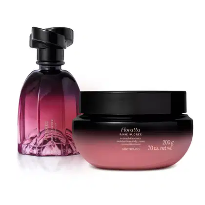 A imagem mostra dois produtos da linha Floratta Rose Sucrée, sendo um vidro de 75ml do Eau de Parfum e um pote de 200g de creme corporal. As embalagens possuem um degradê que vai do preto para o roxo, tampas pretas e rótulo em letras brancas.
