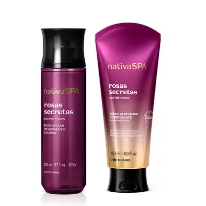 Imagem mostra dois produtos Nativa SPA Rosas Secretas, sendo um frasco roxo de body splash e uma bisnaga de creme corporal em uma embalagem que apresenta um degradê do roxo parao branco. Ambas possuem tampas pretas e informações em branco e dourado.