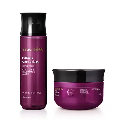 A imagem mostra dois produtos da marca Nativa SPA Rosas Secretas, sendo um frasco cilíndrico de body splash e um pote de óleo em creme; Ambas embalagens são roxas, possuem tampa preta e o rótulo traz informações em letras brancas e douradas.