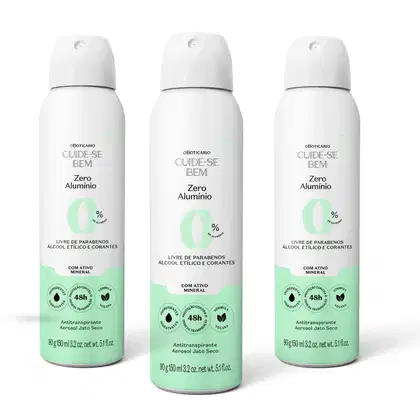A imagem mostra três frascos de antitranspirante aerosol da marca Cuide-se Bem Zero Alumínio. A embalagem é branca com detalhes em verde-claro.  Todas as informações sobre o produto são escritas em letras pretas.