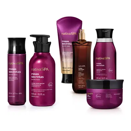 A imagem mostra o kit completo de produtos da marca Nativa SPA Rosas Secretas, contendo body splash, creme perfumado, óleo multifuncional, sabonete líquido e óleo em creme. todas as embalagens são roxas com tampa preta e informações em branco e dourado.