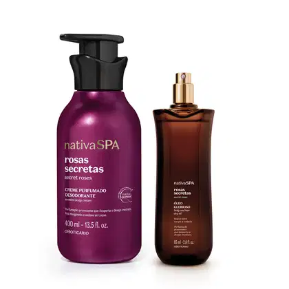 A imagem mostra dois produtos da linha Nativa SPA Rosas Secretas, contendo um frasco de 250ml de creme perfumado na cor roxa com tampa preta e um vidro de óleo multifuncional na cor roxa com borrifador dourado. Informações em letras brancas e douradas.