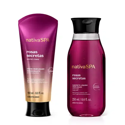 A imagem mostra dois produtos da marca Nativa SPA Rosas Secretas, sendo uma bisnaga de creme corporal em degradê de roxo para branco e um frasco roxo de sabonete líquidos. Ambos possuem informações impressas em letras brancas e douradas.