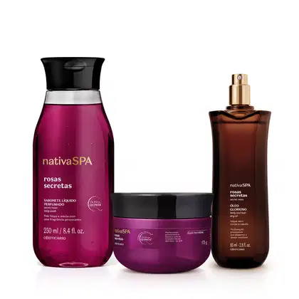 A imagem mostra kit com três produtos Nativa SPA Rosas Secretas, contendo um frasco de sabonete líquido com tampa preta, um pote de óleo em creme com tampa preta e um vidro de óleo multifuncional com borrifador dourado. Todas embalagens são na cor roxa.