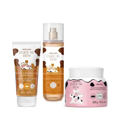 Imagem com três produtos Cuide-se Bem Deleite: bisnaga de sabonete líquido e body splash em spray, ambas embalagens em branco e tons de marrom, além de um pote de manteiga corporal branco e rosa. Todos possuem ilustração de vaca e detalhes em preto.