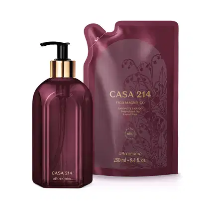 Um frasco de sabonete líquido com bomba doseadora e uma embalagem de refil. O rótulo indica a marca "CASA 214" e o nome do produto "FIGO MAGNIFICO".
