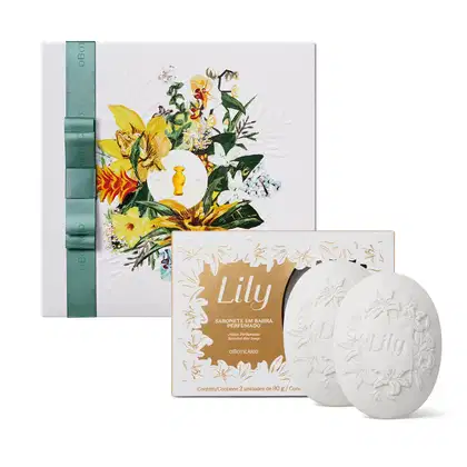 Caixa branca com ilustração floral colorida, contendo dois sabonetes em barra perfumados com fragrância de lírio, embalados em caixa com detalhes dourados e florais.