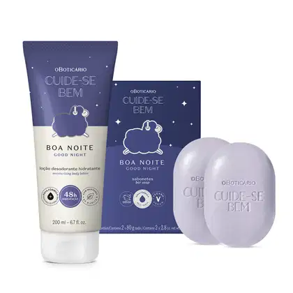A imagem mostra dois produtos da linha Cuide-se Bem Boa Noite:  dois sabonetes na cor azul claro e sua embalagem em tons de azul mais forte com informações em branco, e uma bisnaga de loção hidratante em azul e branco, com letras pretas e azuis. 