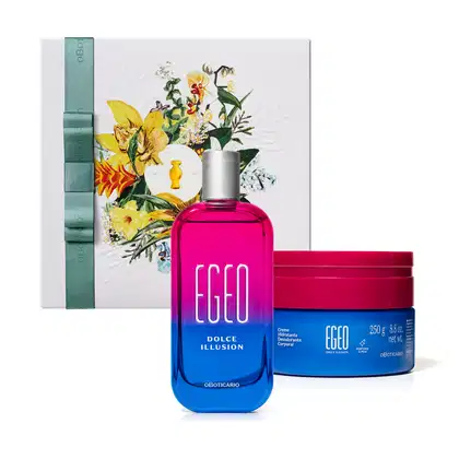 Kit com vidro de desodorante colônia Egeo Dolce Illusion em tons de azul e rosa, tampa prateada, e rótulo em branco, , pote azul de creme corporal da mesma linha, com tampa rosa e letras brancas e caixa de presente branca com ilustrações florais.