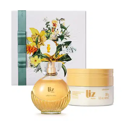 Kit contendo vidro de desodorante colônia Liz Aura com formato arredondado, borrifador dourado e tampa transparente, pote de creme corporal da mesma marca em embalagem transparente com tampa amarela e caixa de presente branca com ilustração floral.