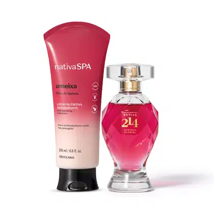 A imagem mostra um item de perfumaria da marca Botica 214 African Sunrise em frasco de vidro e tampa transparente e uma bisnaga de loção desodorante da marca Nativa Spa Ameixa com degradê do vermelho para o branco e rótulo preto e branco.