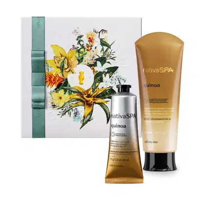 A imagem mostra uma caixa de presente com ilustração floral, bisnaga de creme para as mãos e frasco de loção antioxidante, ambos da marca Nativa SPA Quinoa. As embalagens possuem degradê do marrom para o prata, tampa preta e informações em letras pretas.