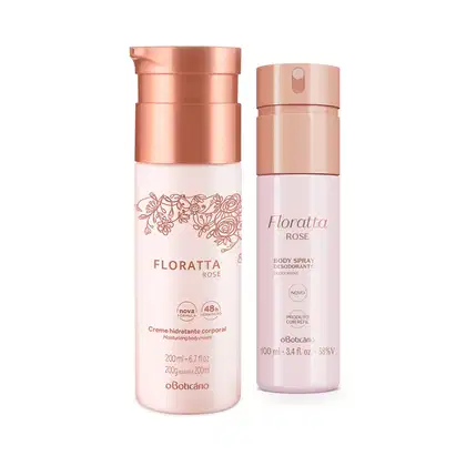 A imagem apresente dois itens da marca Floratta Rose: um frasco de creme corporal 200ml e um frasco de body splash 100ml. As embalagens são de plástico branco, tampas douradas e informações em letras na cor amarela.