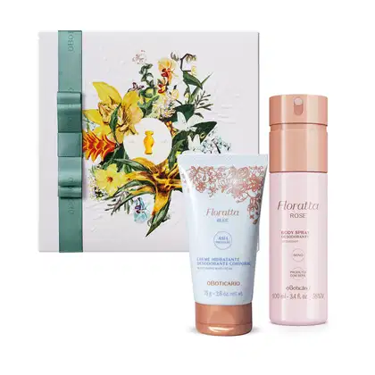 Kit com caixa de ilustração floral e dois itens da marca Floratta: body splash Floratta Rose, embalagem branca com tampa e rótulo dourados e um creme corporal Floratta Blue, com embalagem branca, flores douradas e letras em tons de dourado e azul.