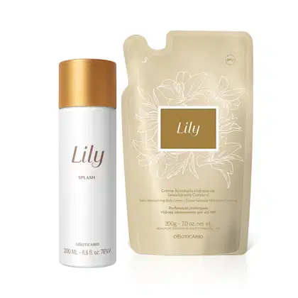 Frasco cilíndrico branco com tampa dourada de item de perfumaria da marca Lily e embalagem refil de creme corporal da mesma marca, em tons de bege e dourado, com ilustração floral.