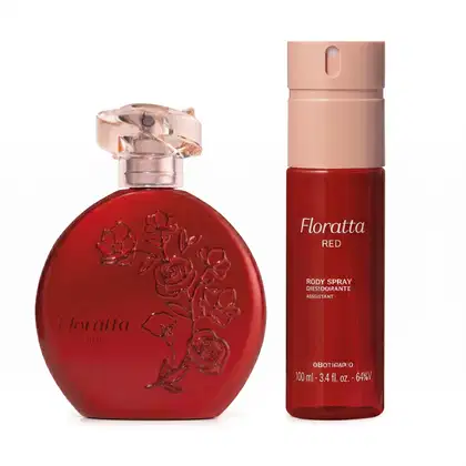 Dois frascos de item de perfumaria da marca Floratta Red, sendo um desodorante colônia com frasco redondo na cor vermelha, com flores em relevo e um tubo cilíndrico de body spray com corpo vermelho e tampa borrifadora rosa.