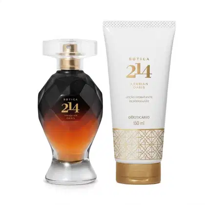 Posicionados lado a lado estão um frasco de vidro preto e marrom sextavado de item de perfumaria Botica 214 Arabian Oasis e uma bisnaga branca com tampa dourada de hidratante desodorante corporal.