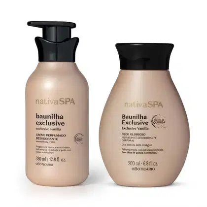 Dois itens de cuidados com a pele lado a lado, sendo: uma frasco rosa claro e tampa pump preta contendo creme hidratante e outro nas mesmas cores, mas com tampa abre-e-fecha, ambos da linha Nativa SPA Baunilha Exclusive.