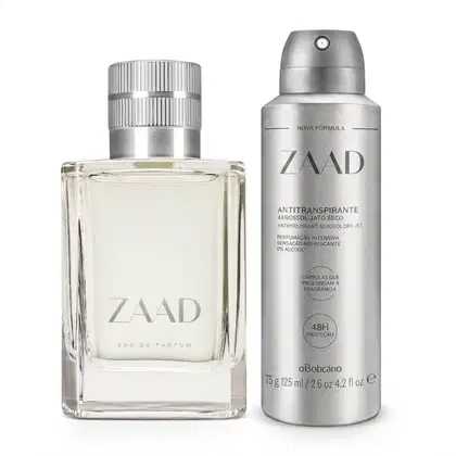 Dois itens de perfumaria da marca Zaad: um frasco de desodorante colônia de vidro transparente e líquido incolor e um aerossol prateado, ambos texto em cinza.