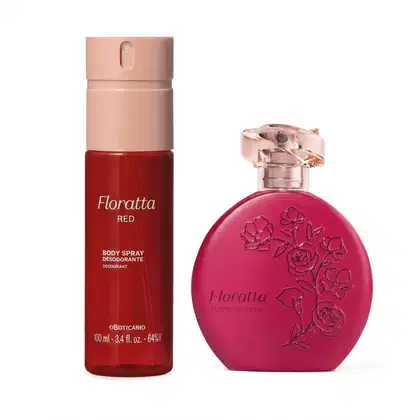 Dois itens de perfumaria da marca Floratta: um frasco de Body Spray na cor vermelho da linha Floratta Red e um frasco de Desodorante Colônia na cor rosa com flores em alto relevo e tampa cristal.