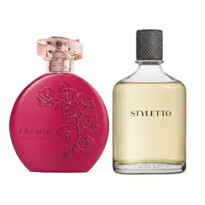 Dois frascos de itens de perfumaria: um na cor rosa com relevo de flores da Linha Floratta Flores Secretas e outro transparente com nome gravado na cor preta escrito "STYLETTO".