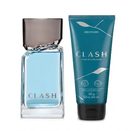 Dois itens de perfumaria: um frasco de vidro azul claro com rótulo "CLASH" e um tubo de creme azul-esverdeado com rótulo "CLASH CREME PRÉ E PÓS-BARBA" de 150g. Ambos os produtos apresentam design moderno e minimalista em tons de azul.