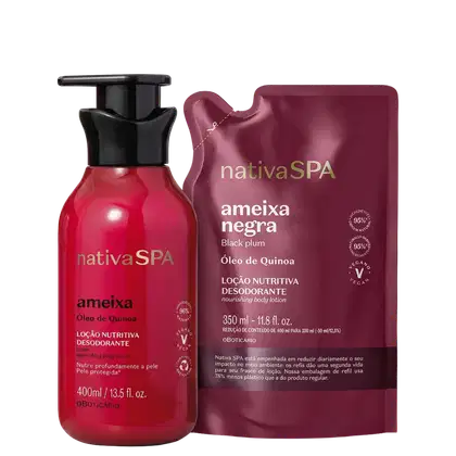 Frasco de loção corporal Nativa SPA Ameixa Negra com 400ml, embalagem de refil de 350ml, contendo óleo de quinoa. Rótulo em tons de vermelho e roxo com informações sobre o produto.