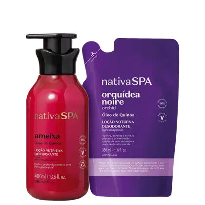 Dois produtos Nativa SPA: um frasco vermelho de loção nutritiva desodorante "ameixa" e uma embalagem roxa de loção noturna desodorante "orquídea noire" com óleo de quinoa, ambos com informações de ingredientes e volume.