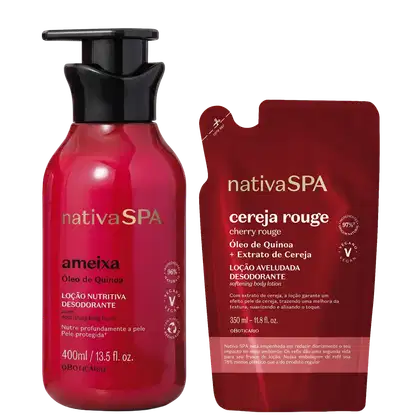 Frasco de loção corporal Nativa SPA Ameixa com 400ml, embalagem vermelha e preta com rótulo destacando ingredientes como óleo de quinoa e extrato de cereja.