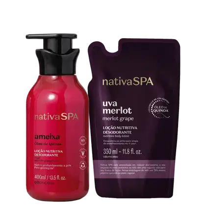 Dois produtos Nativa SPA: um frasco vermelho de 400ml de "Ameixa - Óleo de Quinoa, Loção Nutritiva Desodorante" e uma embalagem roxa de 350ml de "Uva Merlot - Loção Nutritiva Desodorante".