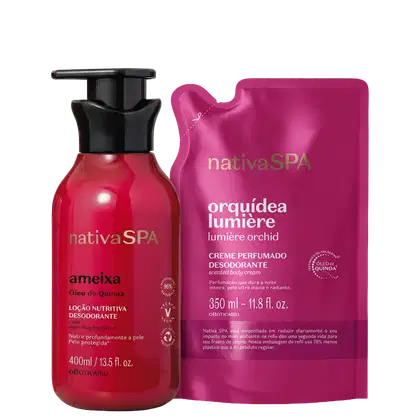Produto de beleza Nativa SPA: Frasco vermelho de loção nutritiva desodorante "ameixa" com 400ml e embalagem rosa com texto "orquídea lumière" e informações sobre o produto de 350ml.