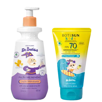 Dois produtos da marca O Boticário: um frasco de loção hidratante infantil Dr. Botica com 400 ml e uma caixa de protetor solar infantil Boti.Sun com FPS 70, ambos com ilustrações e cores vibrantes.