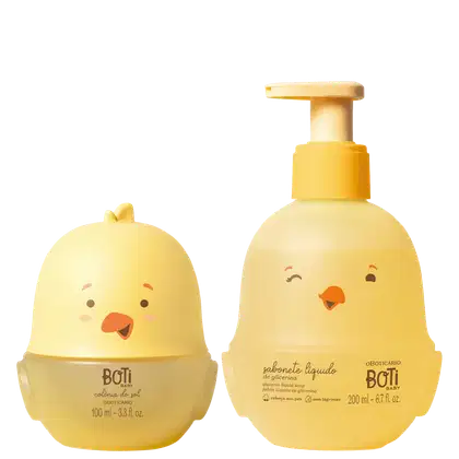 Dois produtos Boti Baby: um frasco de sabonete líquido de glicerina com 200 ml e um pote de colônia do sol com 100 ml, ambos com embalagens amarelas e detalhes gráficos de pintinhos.