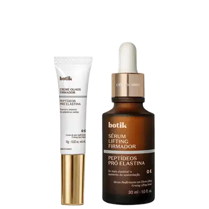 Dois produtos da marca Botik: um creme firmador para olhos com peptídeos pró-elastina e um sérum lifting firmador também com peptídeos pró-elastina, ambos em embalagens brancas e douradas.