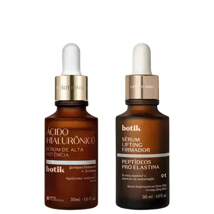 Dois frascos de sérum da marca Botik: um com rótulo "Ácido Hialurônico" e outro com rótulo "Sérum Lifting Firmador". Ambos possuem embalagem de vidro âmbar com conta-gotas e tampa dourada.