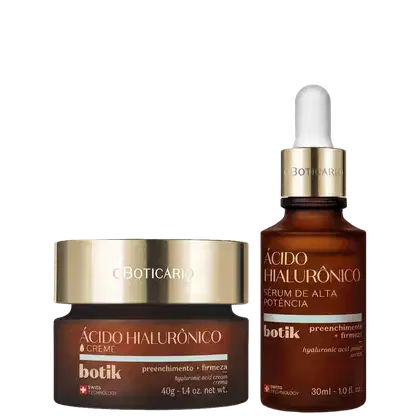 Dois produtos de beleza da linha Botik: um creme de ácido hialurônico em embalagem de 40g e um soro de ácido hialurônico em frasco de 30ml, ambos com rótulos dourados e marrons.