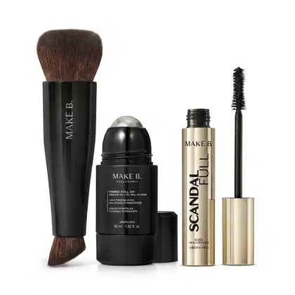 Imagem do produto Combo Make B.: Pincel Multifuncional Make B. Duo Coverage + Primer Roll-On Make B. Hyaluronic 45ml + Máscara de Cílios Make B. Scandal Full 10g