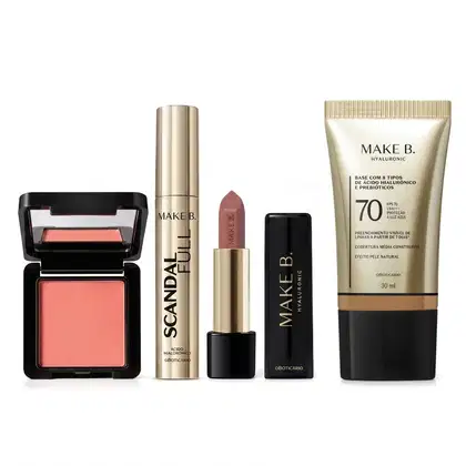 Imagem do produto Combo Make B.: Blush Em Pó Compacto Rubor + Máscara de Cílios Scandal + Batom Cremoso Rosa Rose + Base Líquida FPS 70 225N