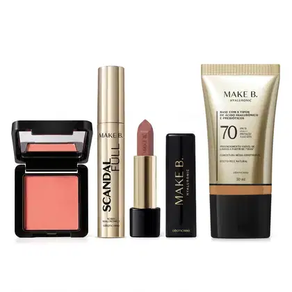 Imagem do produto Combo Make B.: Blush Em Pó Compacto Rubor + Máscara de Cílios Scandal + Batom Cremoso Rosa Rose + Base Líquida FPS 70 250Q