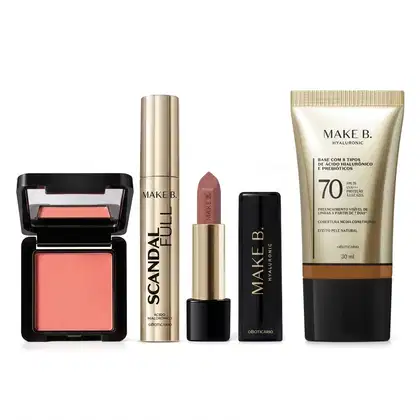 Imagem do produto Combo Make B.: Blush Em Pó Compacto Rubor + Máscara de Cílios Scandal + Batom Cremoso Rosa Rose + Base Líquida FPS 70 330Q